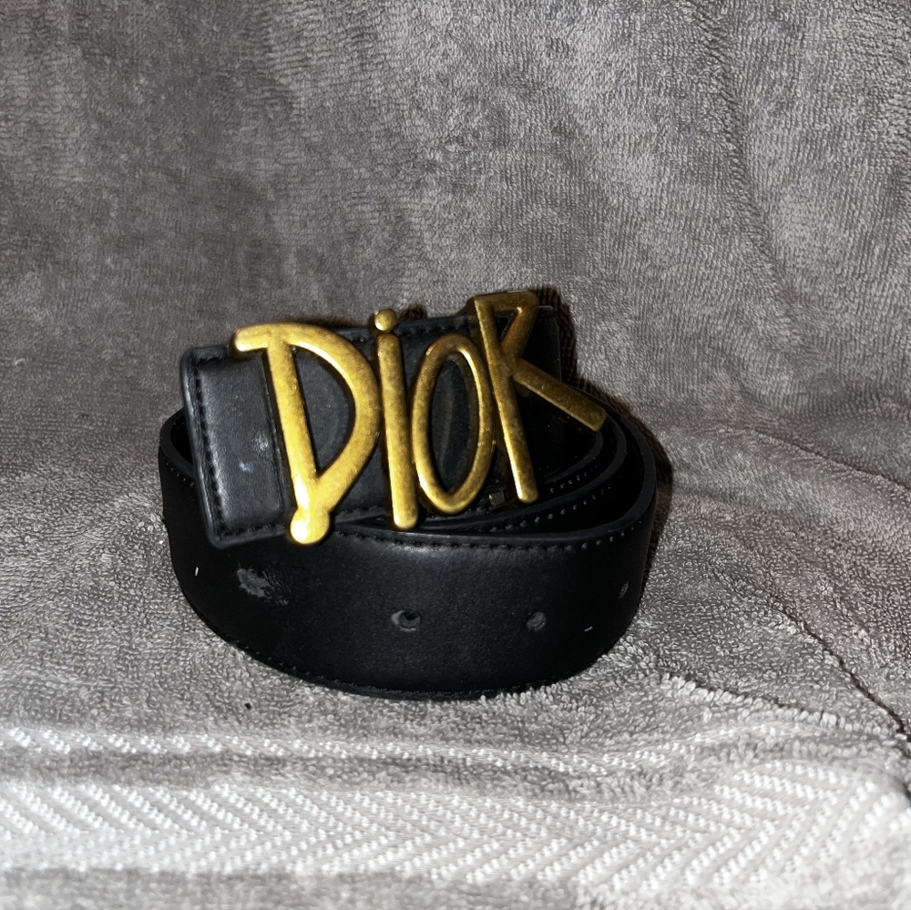 Dior Black Leather Belt with Gold Logo Buckle